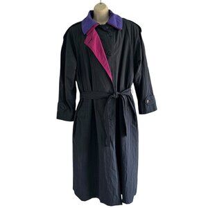 VTG 80s London Towne Limits Womens Sz 12 Black Purple Color Block Trench Coat